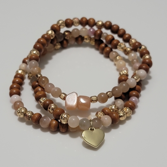 Set of 3 Semiprecious Sunstone & Hematite Bead Bracelets w/ 14k Gold Heart Charm - Picture 7 of 7